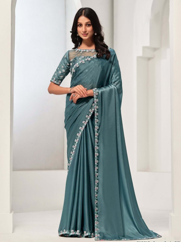 Dusty Blue Crepe Satin Silk Saree